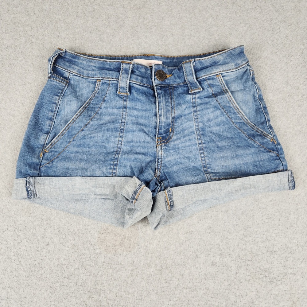 SO Favorite Midi Denim Shorts Womens 5 Blue Low Rise Utility Stretch Cuffed Hem
